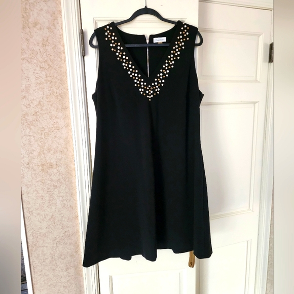 Calvin Klein Dresses & Skirts - Calvin Klein Plus Black Midi Dress V-Neck Embellished Rhinestone SZ 16W .